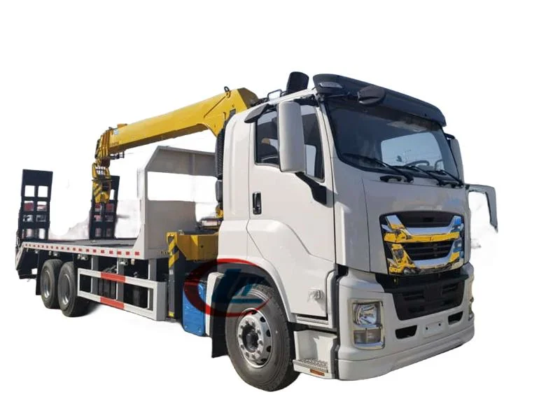 Isuzu 6X4 10 Wheels Flat Bed Truck with Rear Climb Ladder with 360 Rotary Telescopic Boom Crane for Heavy Equipment Machinery T