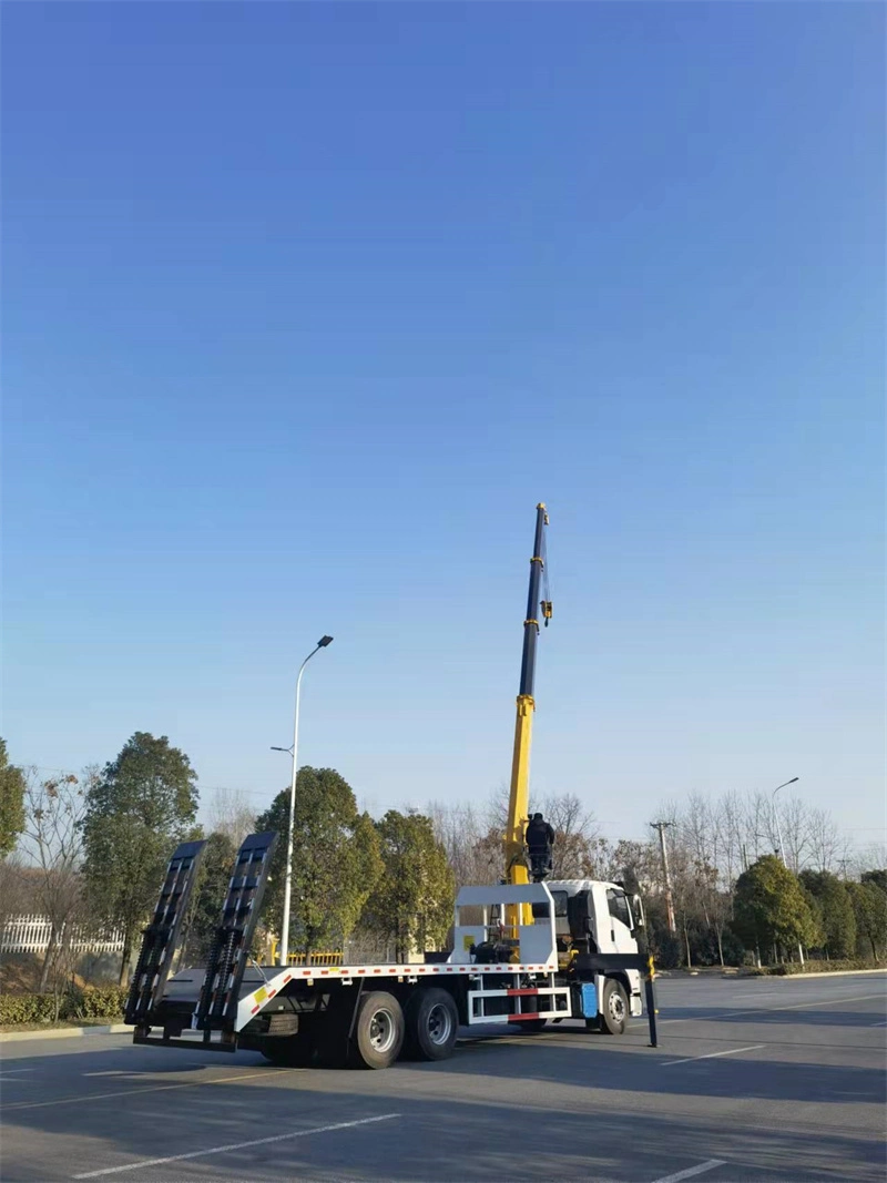 Isuzu 6X4 10 Wheels Flat Bed Truck with Rear Climb Ladder with 360 Rotary Telescopic Boom Crane for Heavy Equipment Machinery T