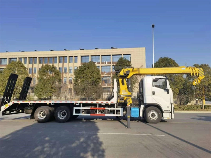 Isuzu 6X4 10 Wheels Flat Bed Truck with Rear Climb Ladder with 360 Rotary Telescopic Boom Crane for Heavy Equipment Machinery T