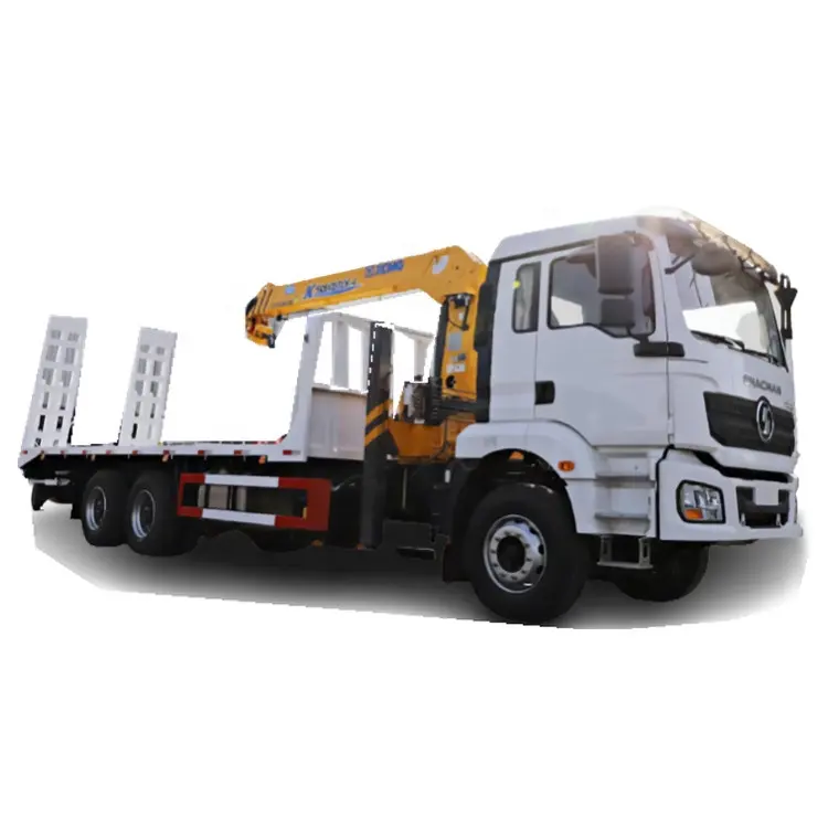 Shacman Right Hand 6X4 10 Wheels Flat Bed Truck with Rear Climb Ladder with 360 Rotary Telescopic Boom Crane