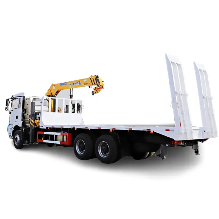 Shacman Right Hand 6X4 10 Wheels Flat Bed Truck with Rear Climb Ladder with 360 Rotary Telescopic Boom Crane