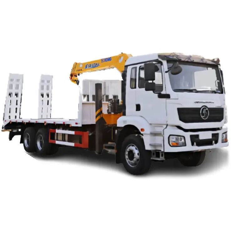 Shacman Right Hand 6X4 10 Wheels Flat Bed Truck with Rear Climb Ladder with 360 Rotary Telescopic Boom Crane