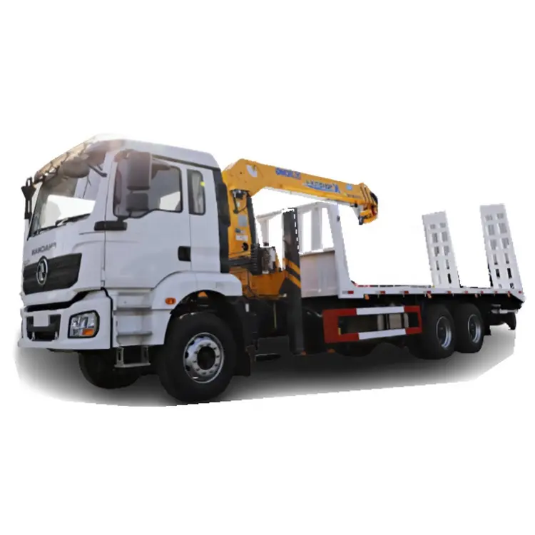 Shacman Right Hand 6X4 10 Wheels Flat Bed Truck with Rear Climb Ladder with 360 Rotary Telescopic Boom Crane