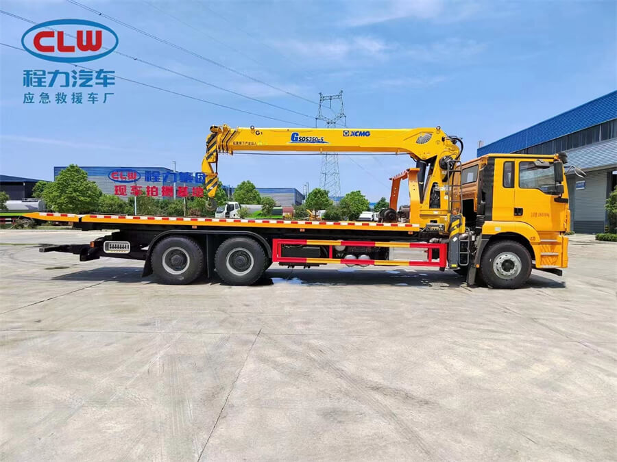6x4 SHACMAN 16 Tons Flatbed Rollback Tow Truck With 12 Tons Crane